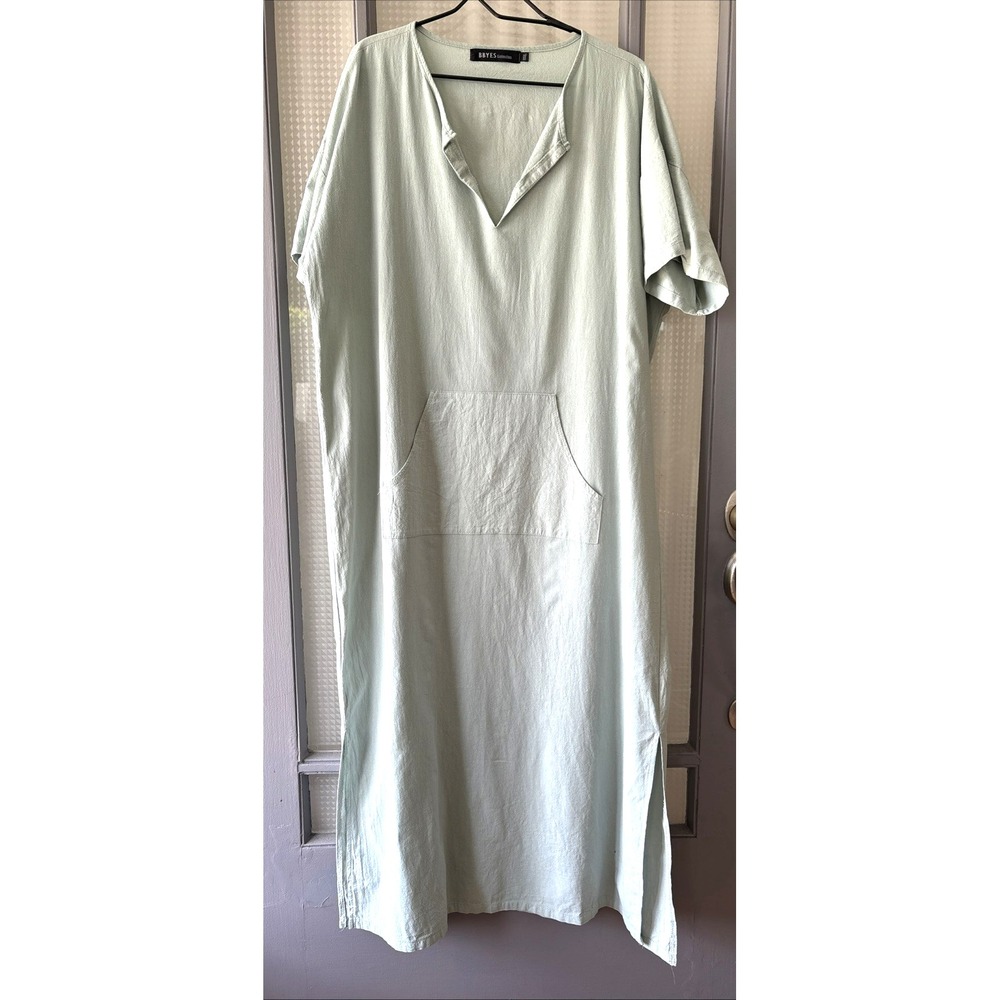 BBYES Collection Sage Green 100% Cotton Kaftan Maxi Dress XXXL V-Neck Pocket